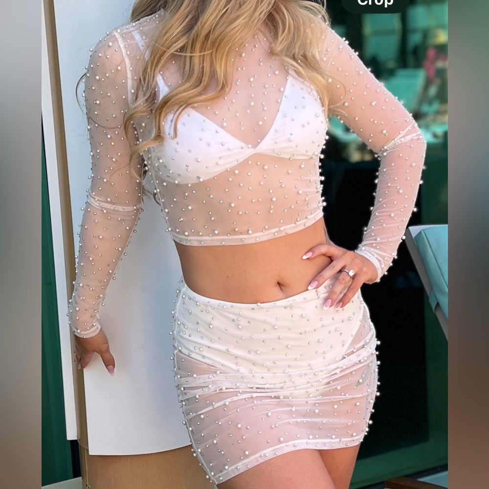 Windsor Bridal White Pearl-Embellished Swim Coverup - 2 piece set